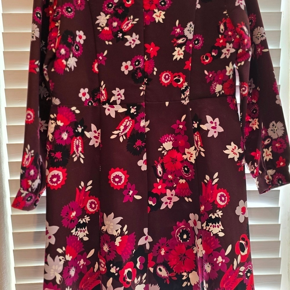 Ann Taylor - Classic Vintage Inspired Burgundy Floral A-Line Dress Long Sleeves - Picture 3 of 6